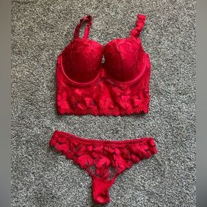 victoria secret red floral lace embroidered balconette corset bra lingerie set